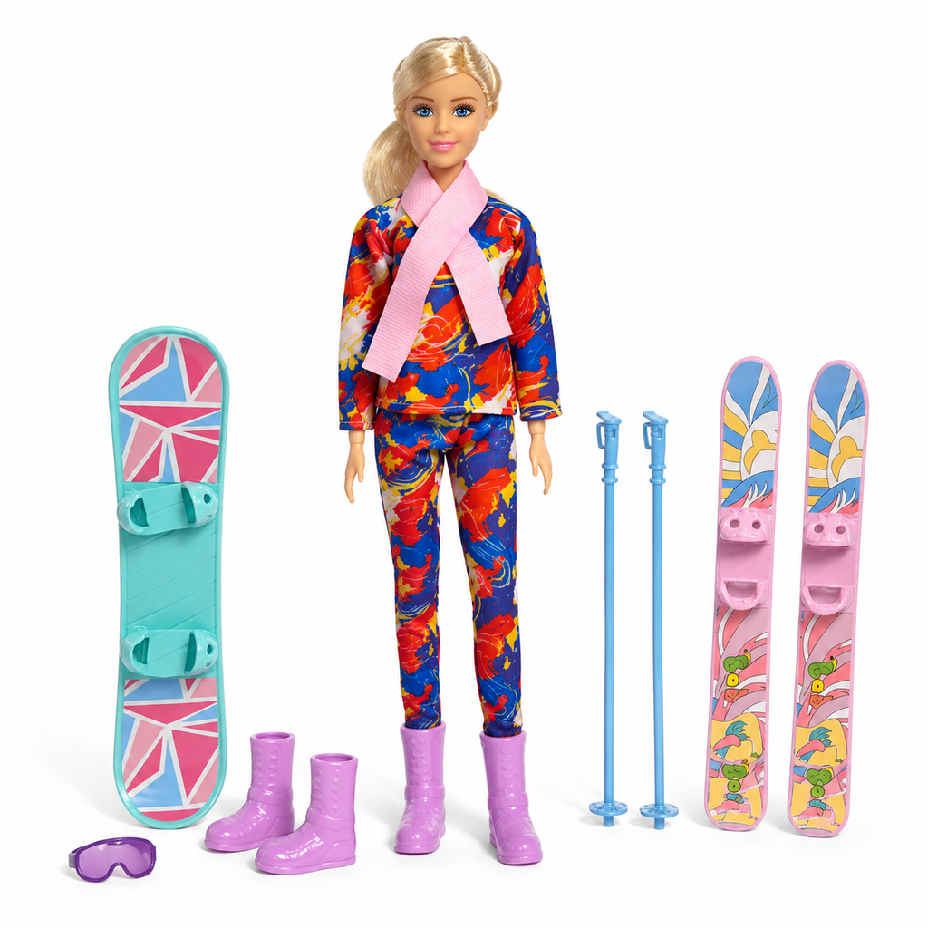 Winter Sports Fashion Doll with Ski & Snowboard Playset | دمية رياضية شتوية مع مجموعة التزلج على الثلج ولوح التزلج