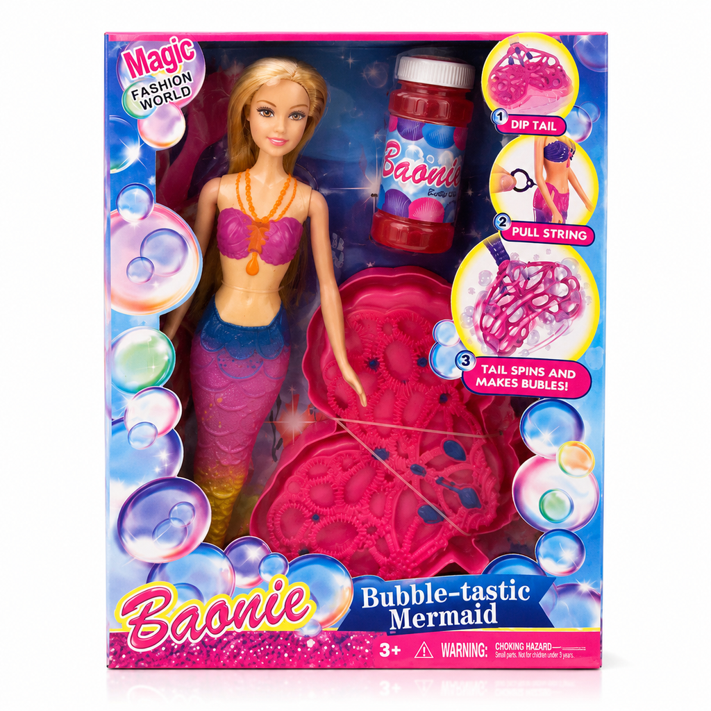 Bubble-Tastic Mermaid Doll with Bubble Maker Set | دمية حورية البحر مع مجموعة صناعة فقاعات الصابون