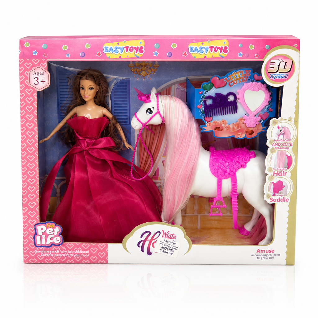 Fashion Doll with Unicorn Horse Playset & Grooming Accessories | مجموعة دمية الأميرة مع حصان يونيكورن وإكسسوارات العناية