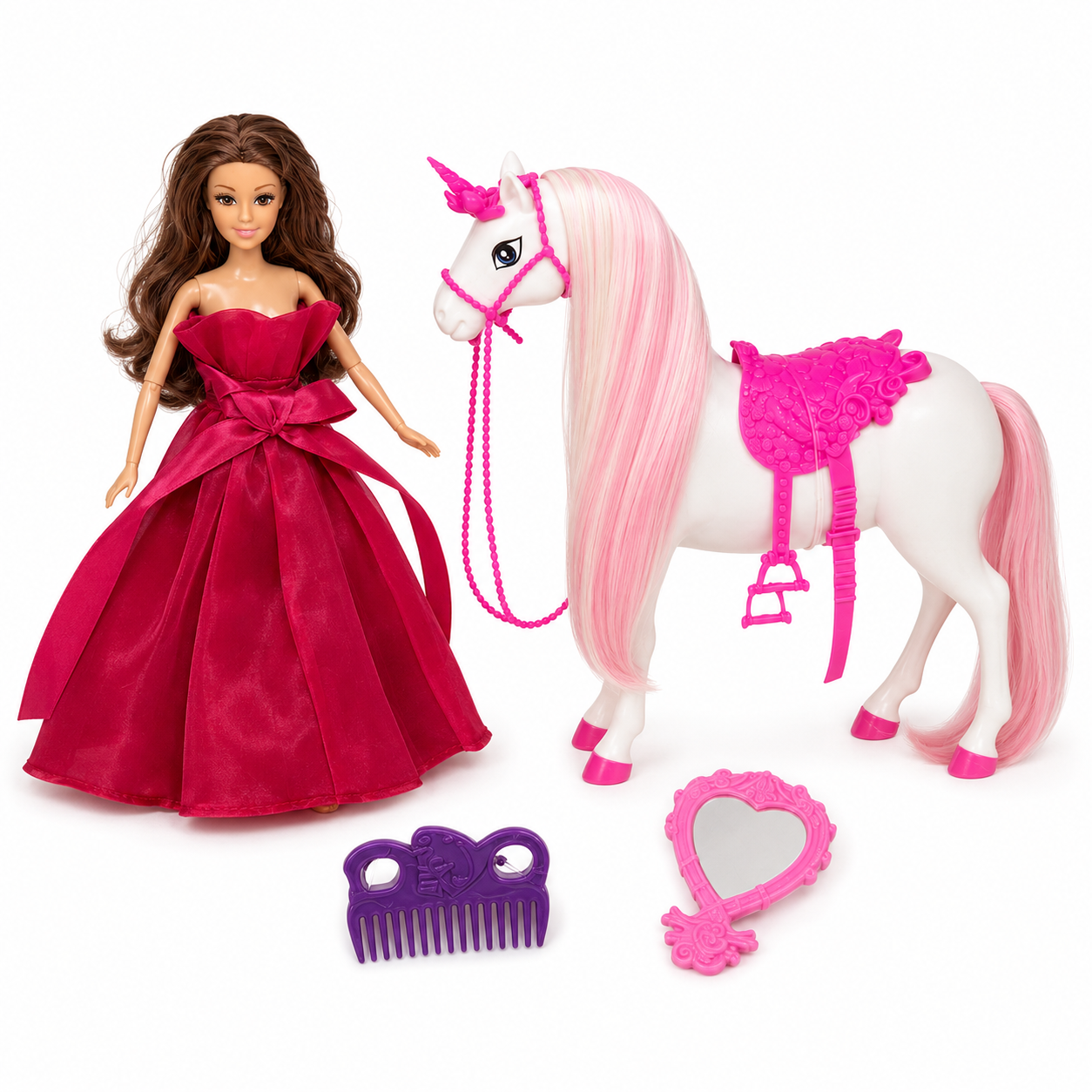 Fashion Doll with Unicorn Horse Playset & Grooming Accessories | مجموعة دمية الأميرة مع حصان يونيكورن وإكسسوارات العناية