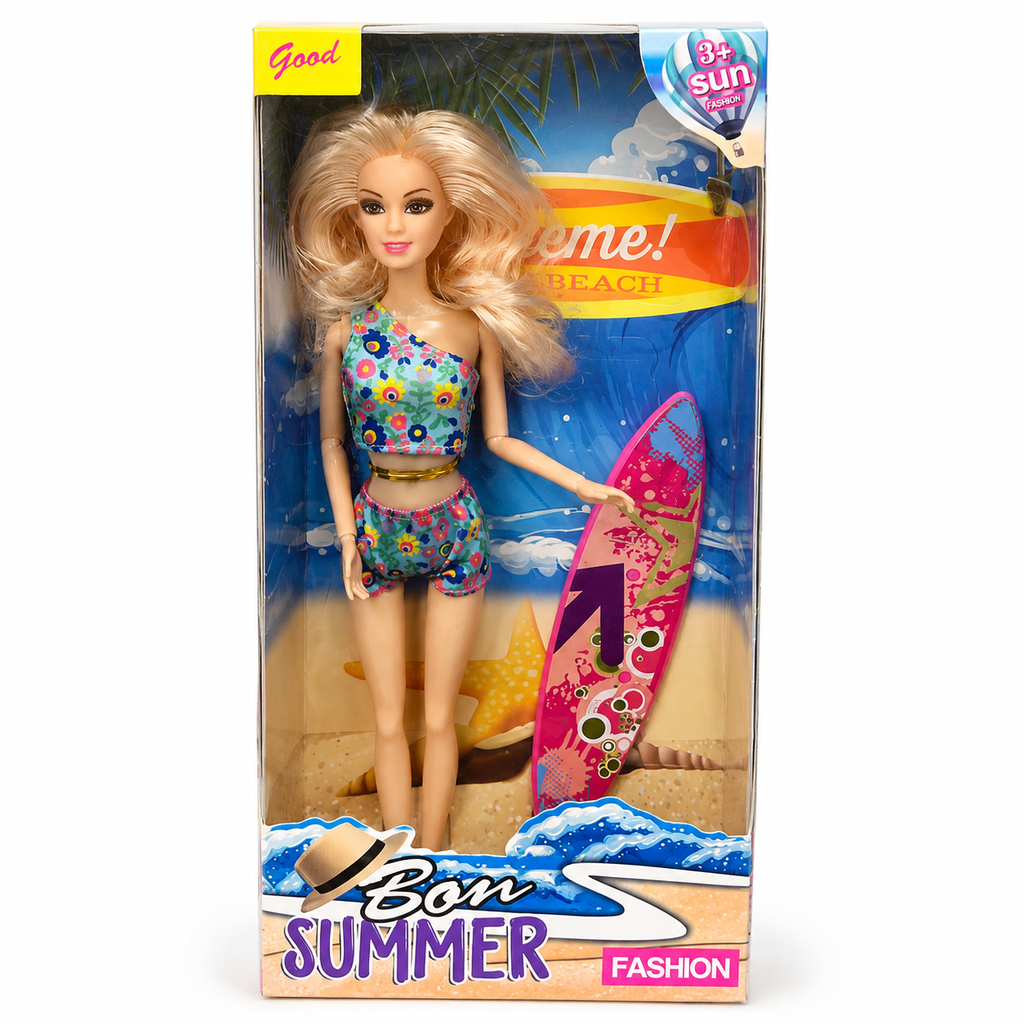 Beach Fashion Doll with Surfboard | دمية أزياء شاطئية مع لوح تزلج على الأمواج