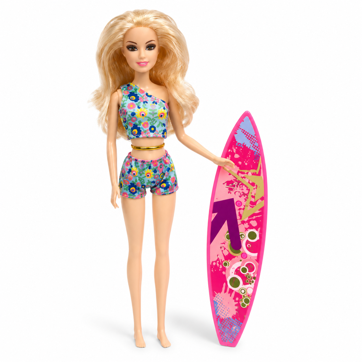 Beach Fashion Doll with Surfboard | دمية أزياء شاطئية مع لوح تزلج على الأمواج