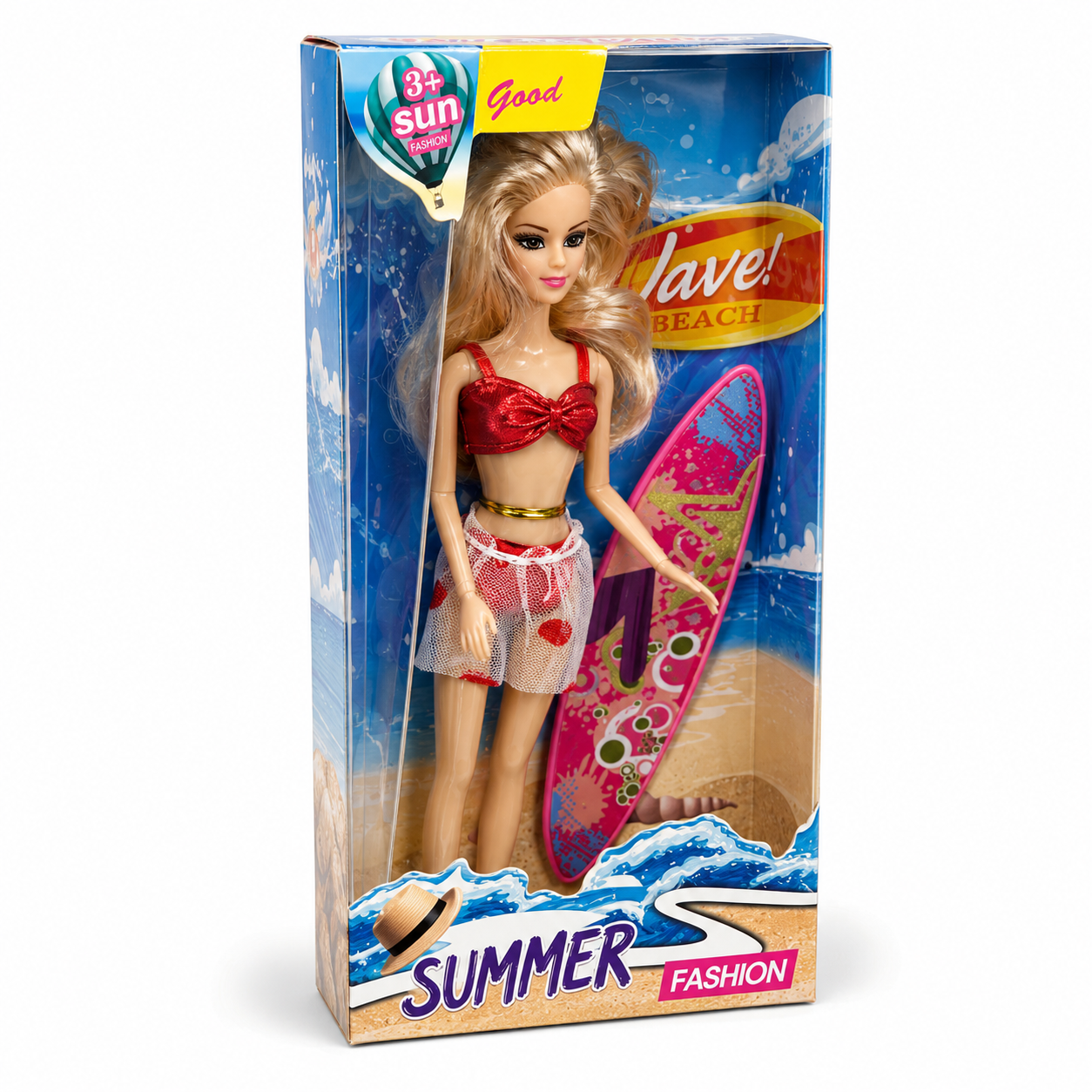 Beach Fashion Doll with Surfboard – Red Summer Edition | دمية أزياء شاطئية مع لوح تزلج على الأمواج – الإصدار الأحمر