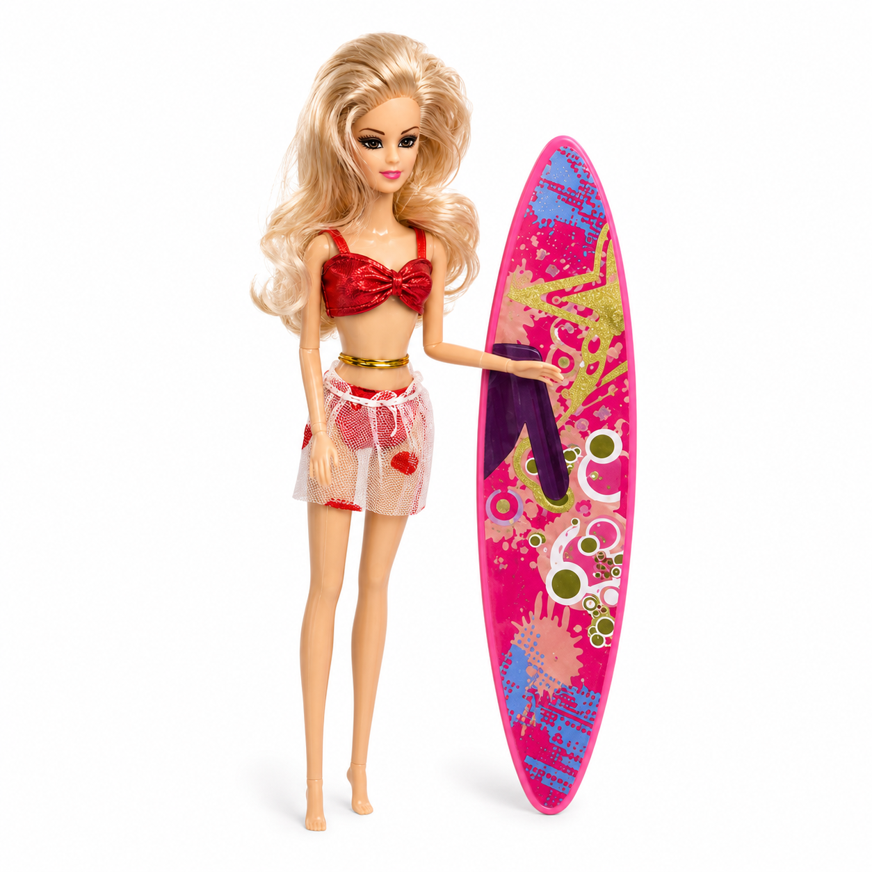 Beach Fashion Doll with Surfboard – Red Summer Edition | دمية أزياء شاطئية مع لوح تزلج على الأمواج – الإصدار الأحمر