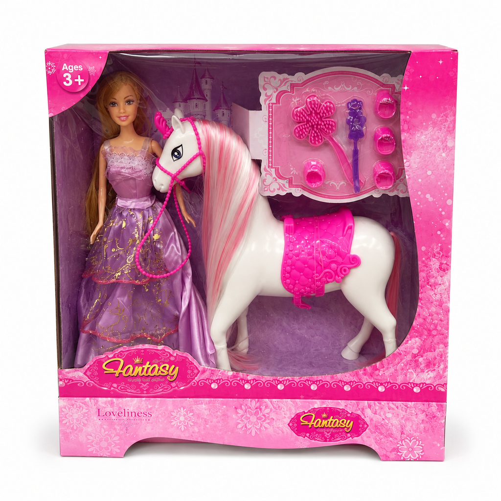 Fantasy Princess Doll with Unicorn & Beauty Accessories | دمية الأميرة الخيالية مع اليونيكورن وإكسسوارات التجميل