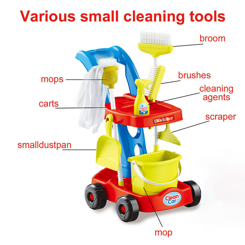 Kids Cleaning Trolley Play Set | Pretend Housekeeping Toy with Mop, Broom, Bucket & Cleaning Accessories | عربة أدوات تنظيف للأطفال | طقم لعب تنظيف منزلي مع ممسحة، مكنسة، دلو وإكسسوارات تنظيف