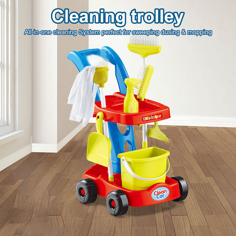 Kids Cleaning Trolley Play Set | Pretend Housekeeping Toy with Mop, Broom, Bucket & Cleaning Accessories | عربة أدوات تنظيف للأطفال | طقم لعب تنظيف منزلي مع ممسحة، مكنسة، دلو وإكسسوارات تنظيف