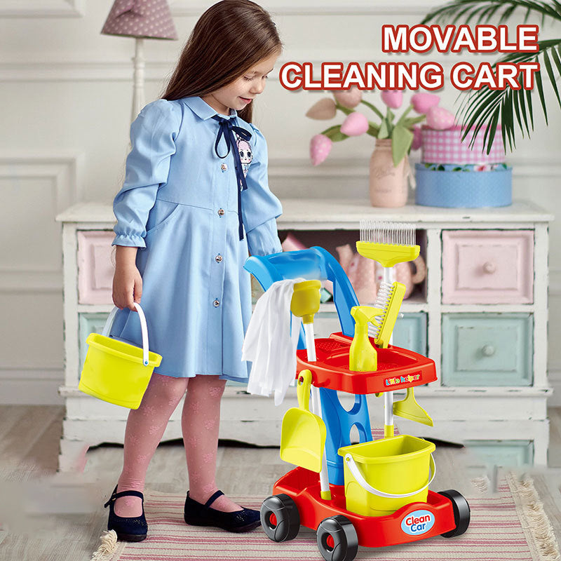 Kids Cleaning Trolley Play Set | Pretend Housekeeping Toy with Mop, Broom, Bucket & Cleaning Accessories | عربة أدوات تنظيف للأطفال | طقم لعب تنظيف منزلي مع ممسحة، مكنسة، دلو وإكسسوارات تنظيف